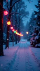 Obraz premium Colorful Christmas lights stretching across a winter wonderland background, twinkling, festive