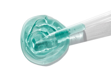 Liquid glass dropper pipette serum emerald green gel on light white colored background
