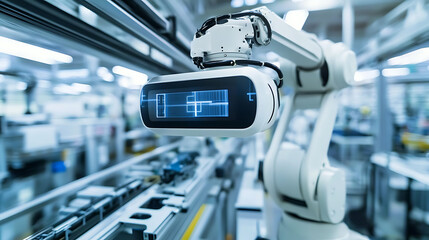 A robotic arm in an AI managed manufacturing plant, assembling next-gen virtual reality headsets for immersive experiences, VR-tech style