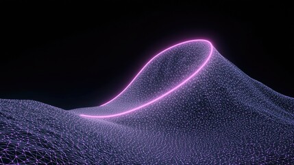 A glowing neon pink line loops over a dark, abstract purple wireframe landscape, creating a futuristic and digital art scene.