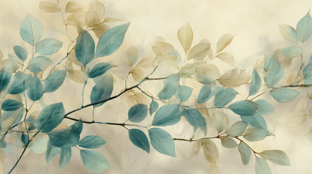 Image of translucent teal and beige leaves on branches against a light beige background, showcasing a delicate, nature-inspired design ideal for wallpaper or decoration