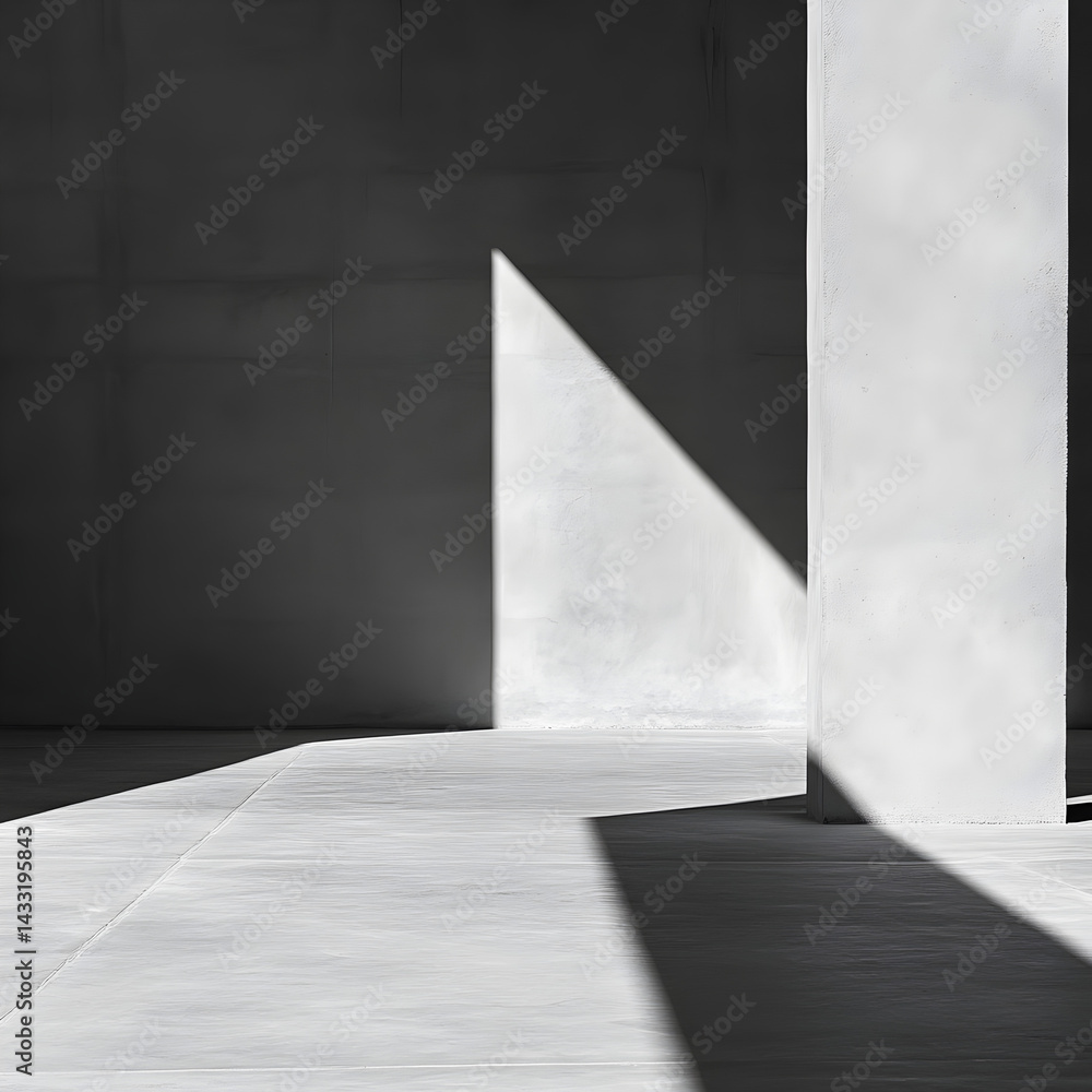 Poster light play in architectural space: minimalist architecture with geometric shapes and a radiant beam 