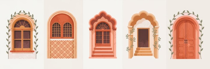 Obraz premium Decorative, arched windows and doors in terracotta hues.