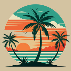 Obraz premium Tropical-beach-theme retro-orange-mint-sun silhouette