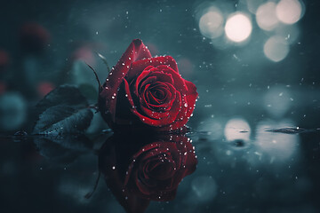 Big red rose on black background with place for text