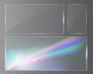Transparent glass overlays with rainbow glare, prism effect, and glowing light reflections.	