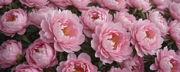 Fototapeta premium Dense cluster of pink peonies, soft blush backdrop, bloom, delicate