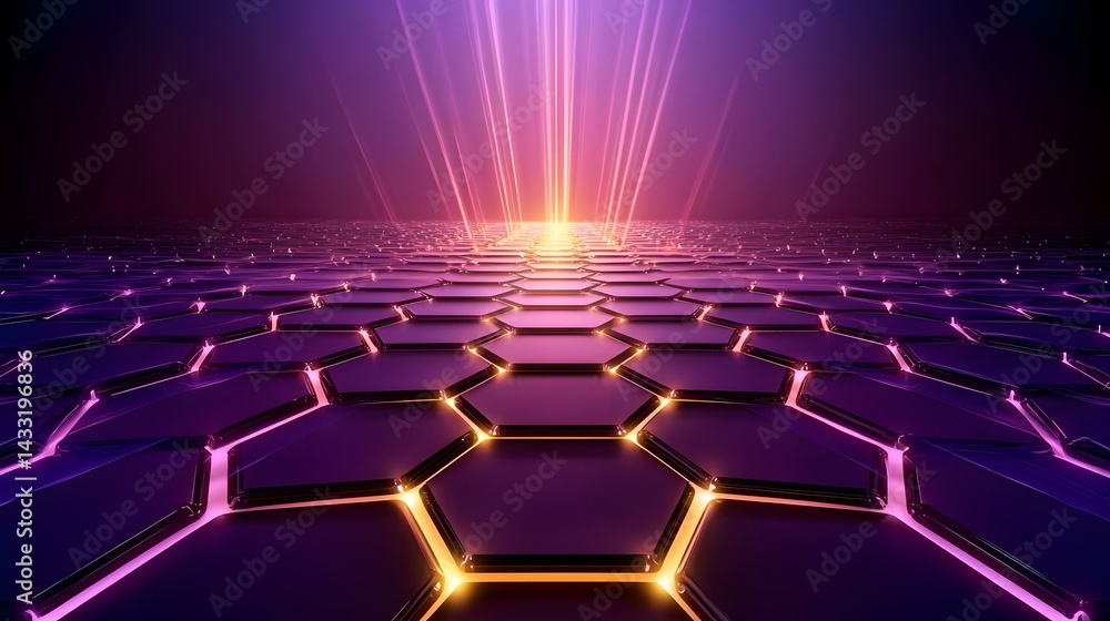 Poster the image shows a perspective view of a honeycomb pattern made of dark purple, glossy hexagons. brig
