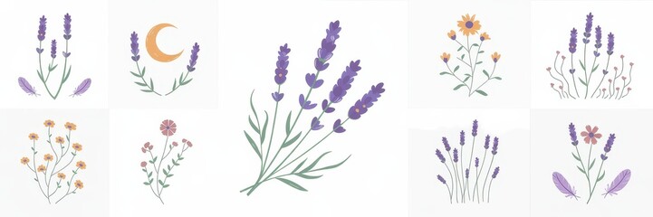 Naklejka premium Delicate floral illustrations of lavender and wildflowers.