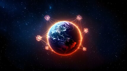 Obraz premium The image shows a glowing Earth surrounded by a network of interconnected nodes in space.