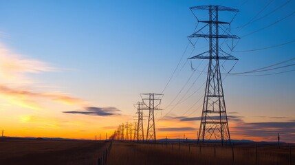 Sunset over a vast landscape with power lines stretching into the horizon, symbolizing energy