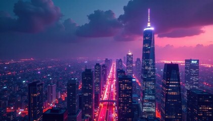 Fototapeta premium Modern cityscape with skyscrapers and neon lights, urban landscape, technology, architecture