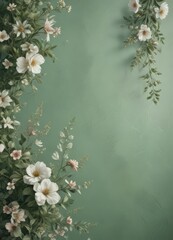 Dusty green backdrop with delicate floral imprint and distressed effect, surface, art