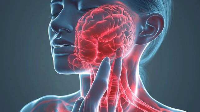 A woman's close-up shows her touching a sore throat.  The image, on a gray background, illustrates concepts like thyroid issues, painful swallowing, tonsillitis, and laryngeal swelling