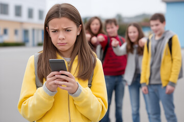 Cyberbullying at school. Teenage girl gets teased by boys and girls while checking messages on her mobile phone. Adolescence and social rejection