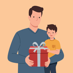 Father and son holding red gift box with silver ribbon family celebration moment 