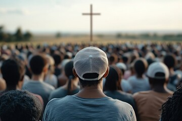 A group of people gathered outdoors, facing a large wooden cross, suggesting a religious gathering or event in a serene landscape.