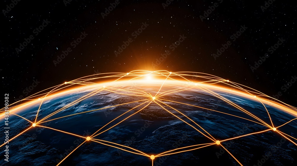 Poster the image shows a stylized representation of earth with glowing orange lines connecting various poin