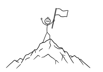 Stick Figure Reaching Mountain Top with Flag: Success Concept