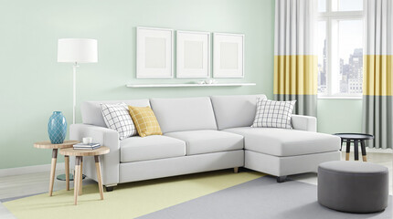 modern light grey sectional sofa in a bright living room
