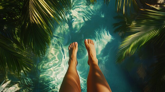 A woman's smooth legs are visible in a tropical paradise.
 