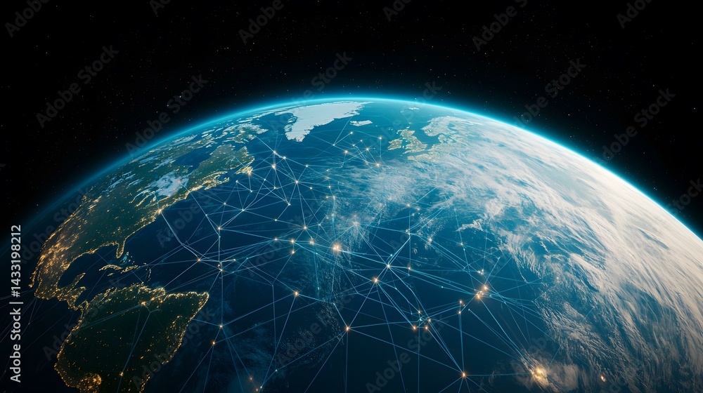 Aufkleber a nighttime view of earth from space, showcasing a complex network of interconnected lines represent