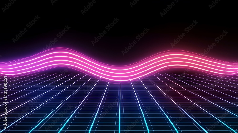 Poster the image contains a dark background with a grid pattern in shades of blue and purple, overlaid by t