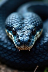 Fototapeta premium Venomous snake's facial features, dark blue scales, sharp fangs, venomous species, wildlife