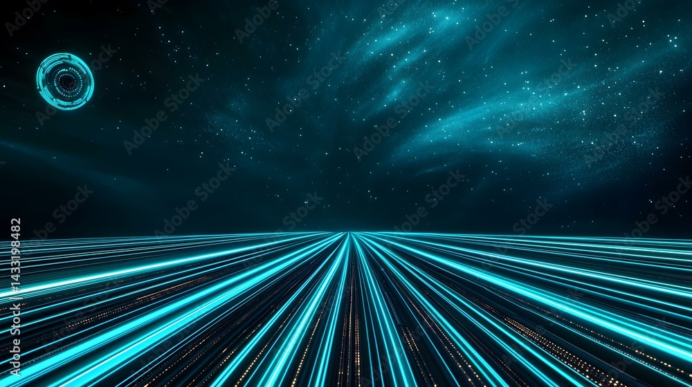 Poster a digital rendering depicts a futuristic landscape of glowing cyan lines converging at a vanishing p