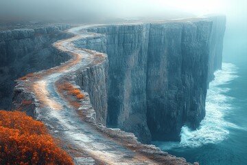 Naklejka premium Coastal cliff road, ocean waves, autumn foliage; travel, adventure