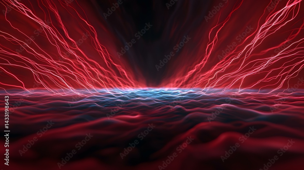 Poster the image contains an abstract rendering of a dark, wavy landscape illuminated by bright red and lig