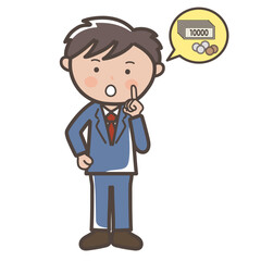 お金について考える男性ビジネスマンの全身イラスト