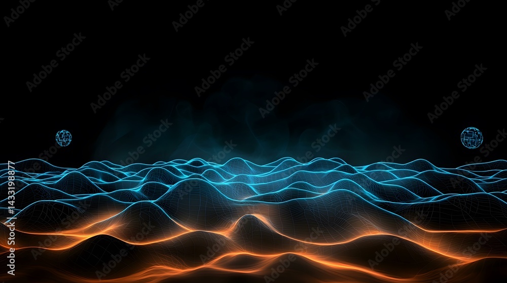 Poster the image shows a dark, abstract landscape with undulating hills rendered in a wireframe style, glow