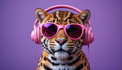 Leopard wearing pink sunglasses and headphones against a purple background