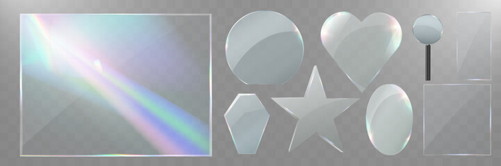 Transparent glass overlays with rainbow glare, prism effect, and glowing light reflections.	