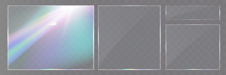 Transparent glass overlays with rainbow glare, prism effect, and glowing light reflections.	