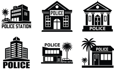 Fototapeta premium Police Station Silhouette Vector Set – Law Enforcement Building Collection