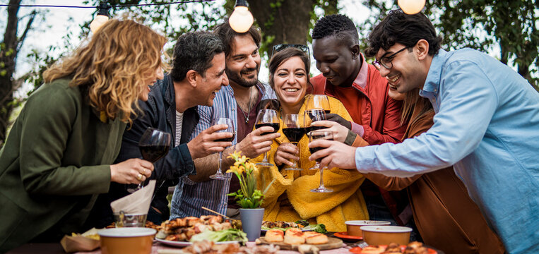Happy diverse friends toasting at festive outdoor dinner with wine and lights