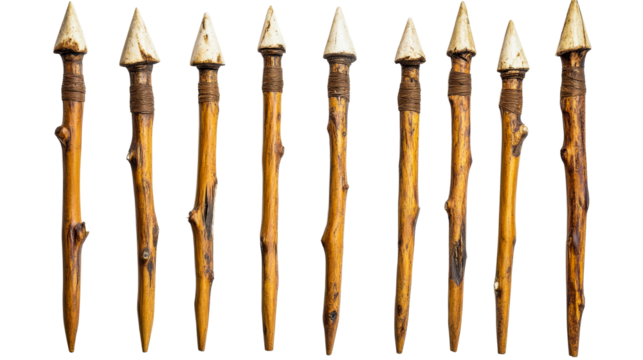 Nine wooden spears are arranged in a straight line