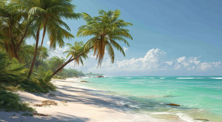 serene tropical beach scene featuring palm trees, soft white sand, and clear turquoise waters bright blue sky. tranquil