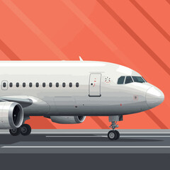 Airplane landing on runway with orange background vector illustration in landscape format 