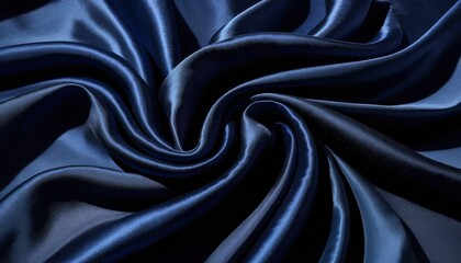 Obraz premium A close-up view of luxurious dark blue silk fabric, showcasing its smooth texture, subtle sheen, and intricate folds that catch the light beautifully.