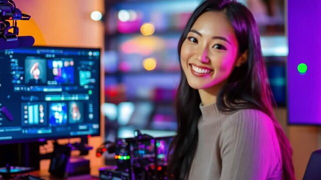 Radiant Studio Operator: A skilled studio operator, brimming with a cheerful smile, expertly manages the complexities of video editing and production.