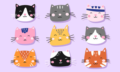 Collection of minimalist cat doodles in a flat vector style, great for icons, mascots, badges, and playful branding elements for pet-related products