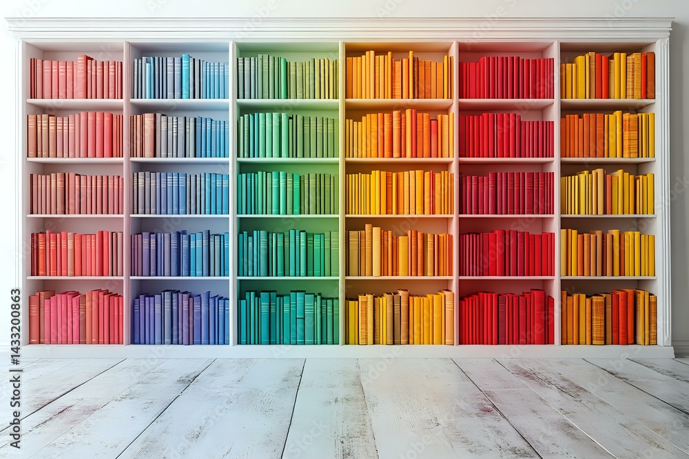 Poster rainbow colored books arranged on white bookshelf creating vibrant spectrum display against white wa