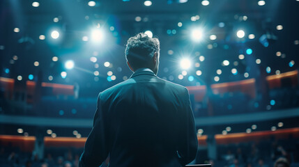 Confident business speaker at podium, inspiring audience with powerful message