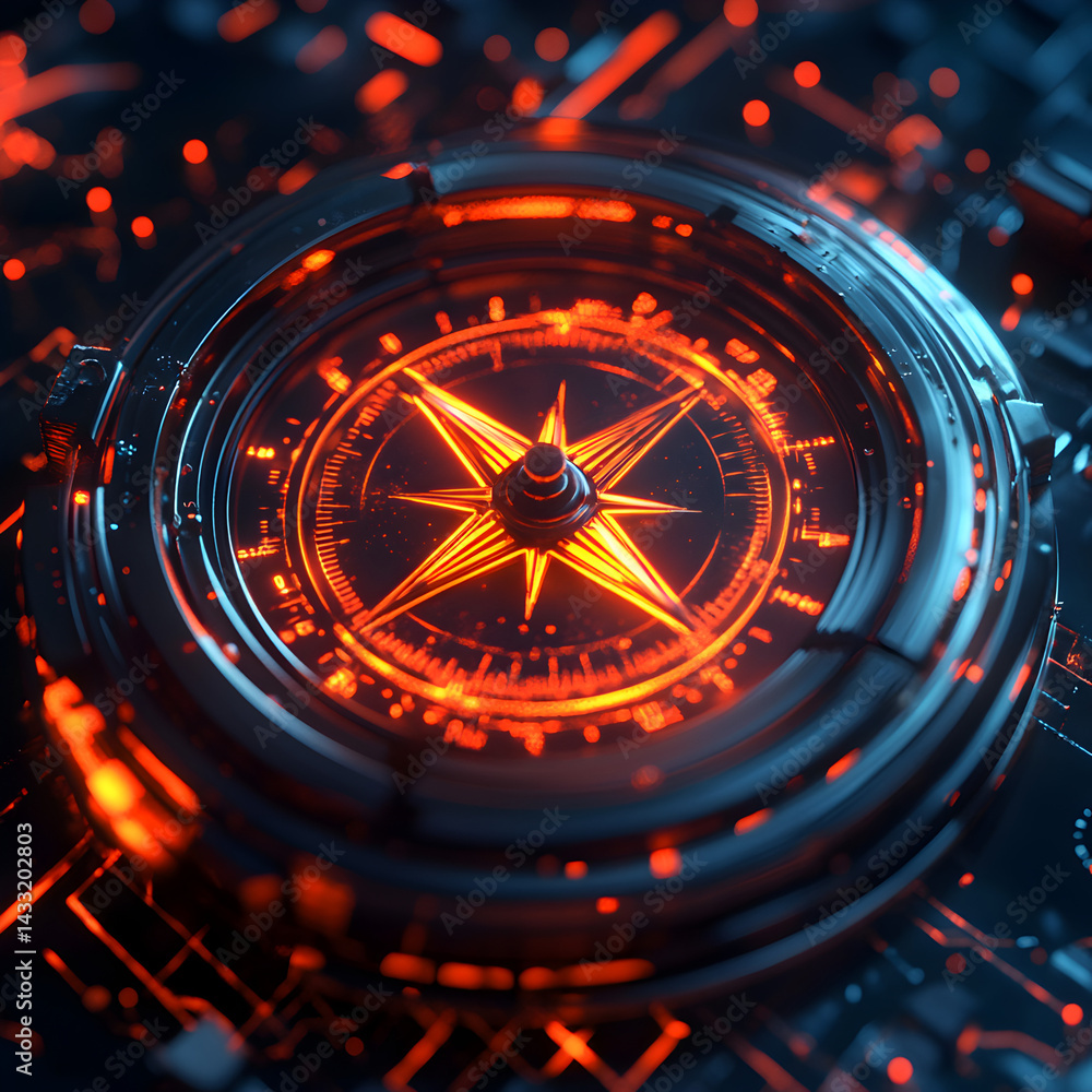 Poster illuminated compass on tech surface: a futuristic compass glows with an internal, vibrant light, set