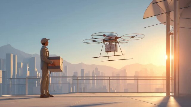 未来都市でドローンが配達するシーンのシネマティック映像
