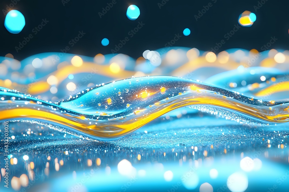 Poster abstract liquid waves with glowing blue and golden colors creating magical flowing pattern with boke