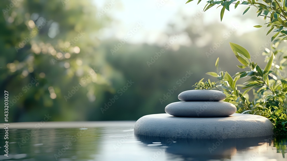 Poster zen stones stacked on water surface with green leaves and soft bokeh background creating peaceful sp